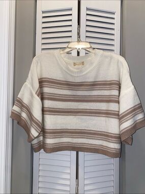 Altar'd State Cream & Tan Striped Cropped Crew Sweater
